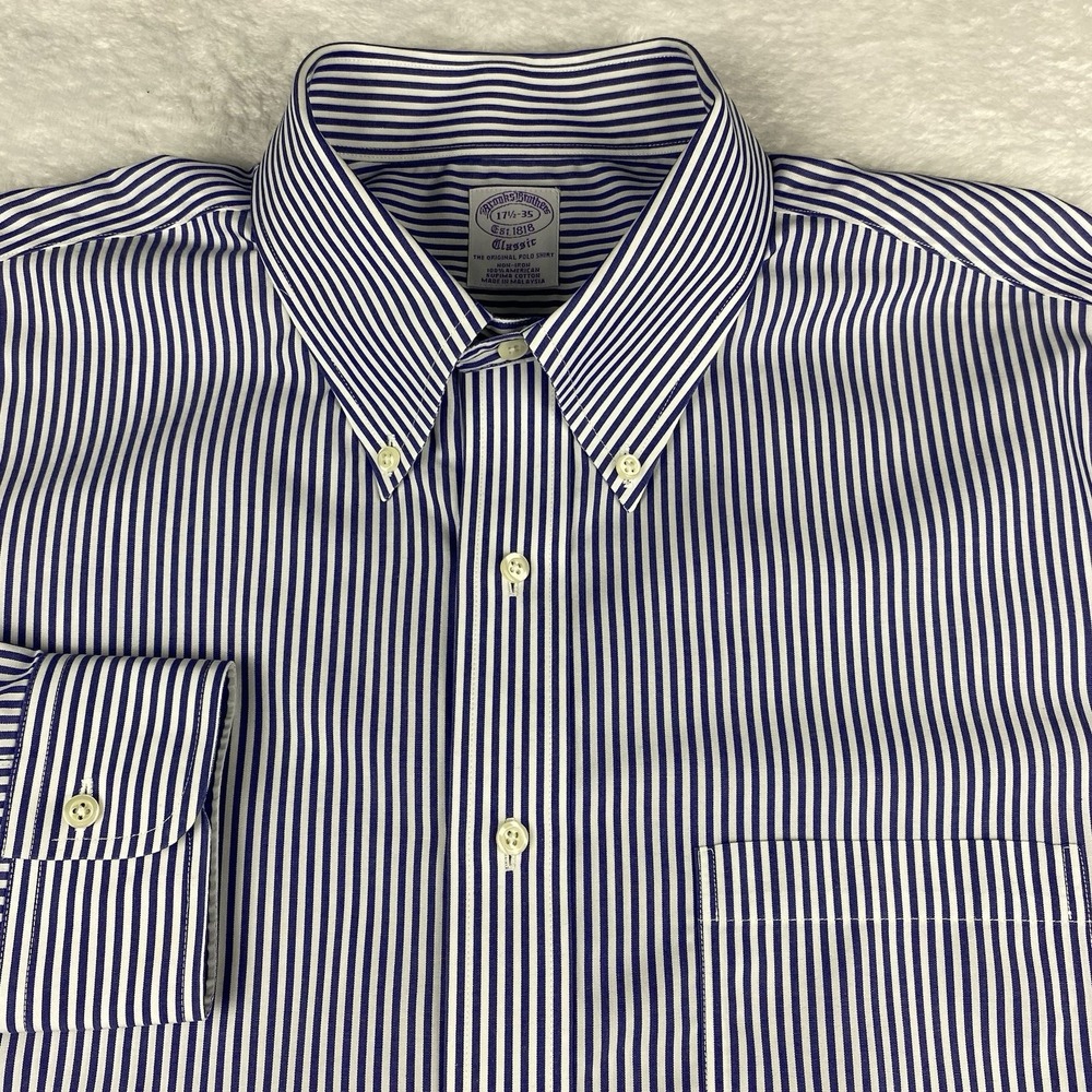 Brooks Brothers Dress Shirt Mens 17.5-35 Dark Periwinkle Stripes Classic No Iron